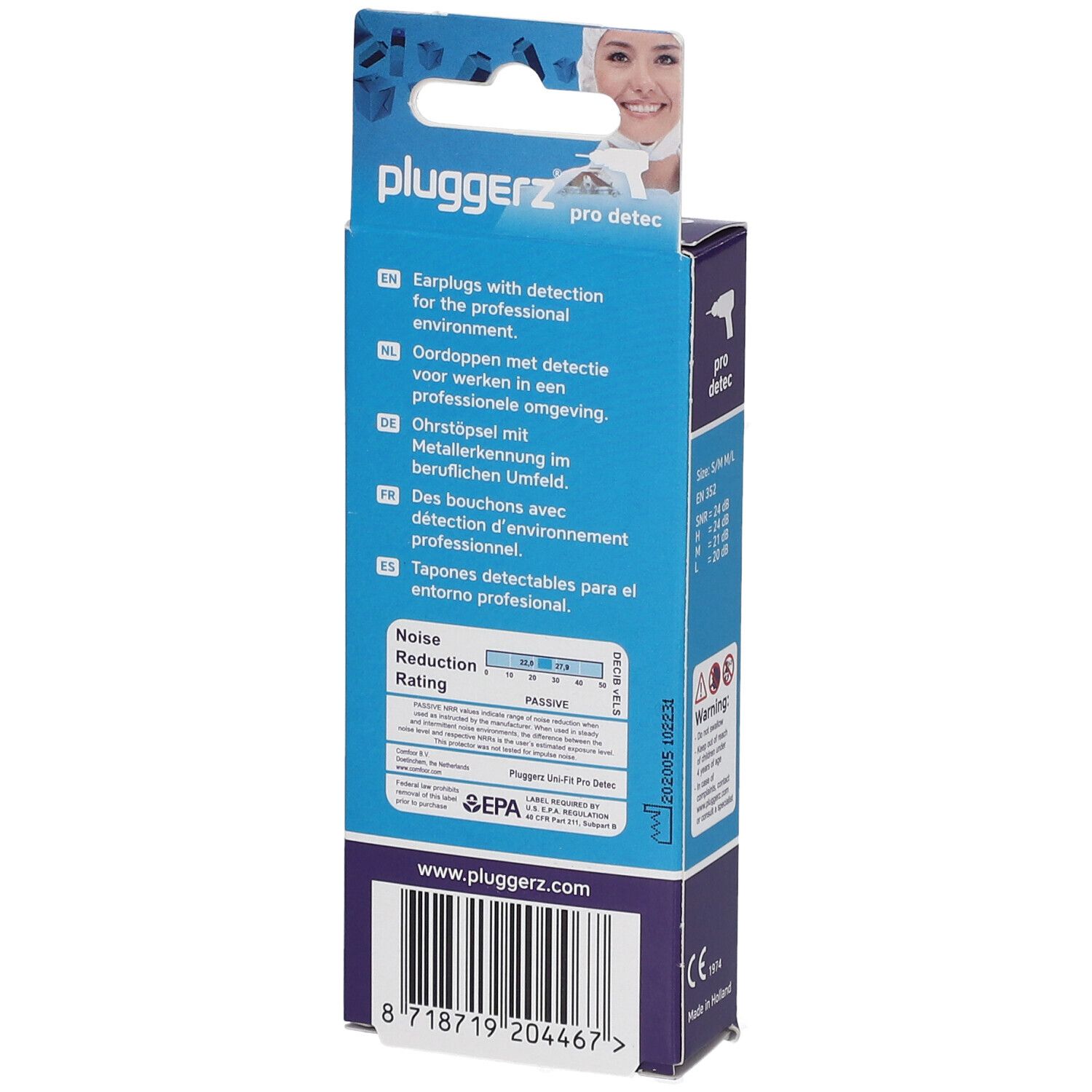 Dos de l'emballage de Pluggerz Flexi Silicon Eardops Pro Detec. Contient texte multilingue et code-barres.
