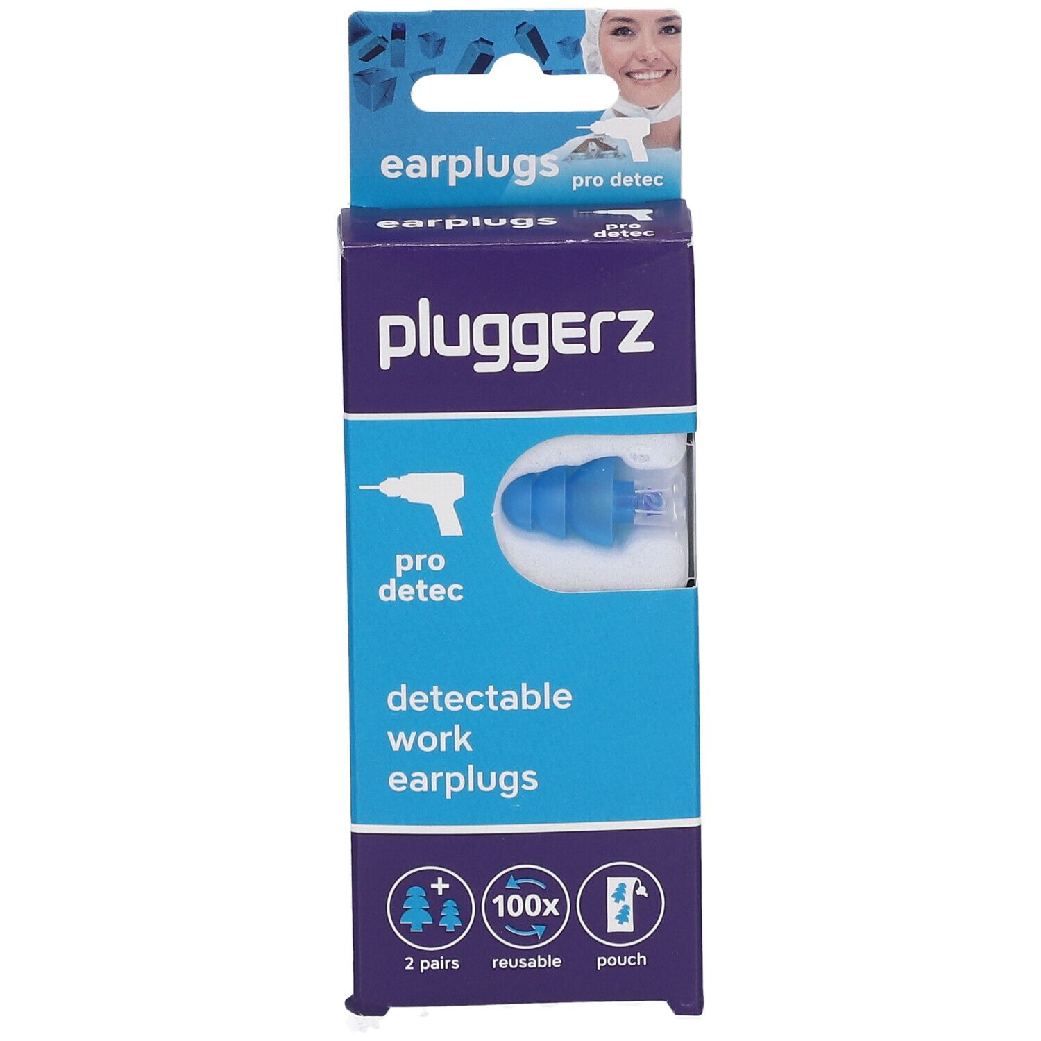 Emballage de Pluggerz Flexi Silicon Eardops Pro Detec. Contient 2 paires, réutilisables, avec pochette. Bouchons bleus.