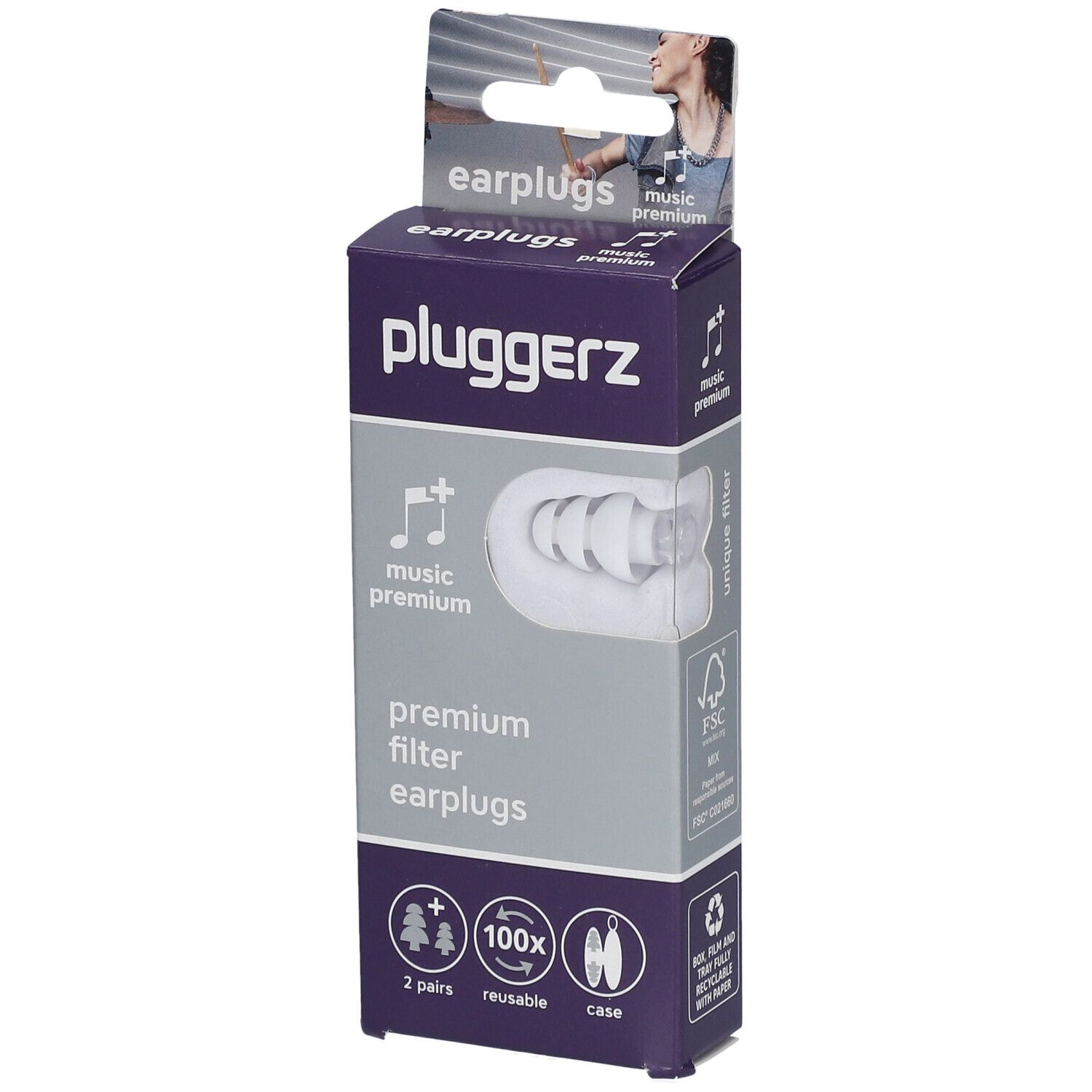 Boîte Pluggerz Uni-Fit Music Premium. Boîte violette et blanche avec bouchons d'oreille. Contient 2 paires, réutilisables et un étui.