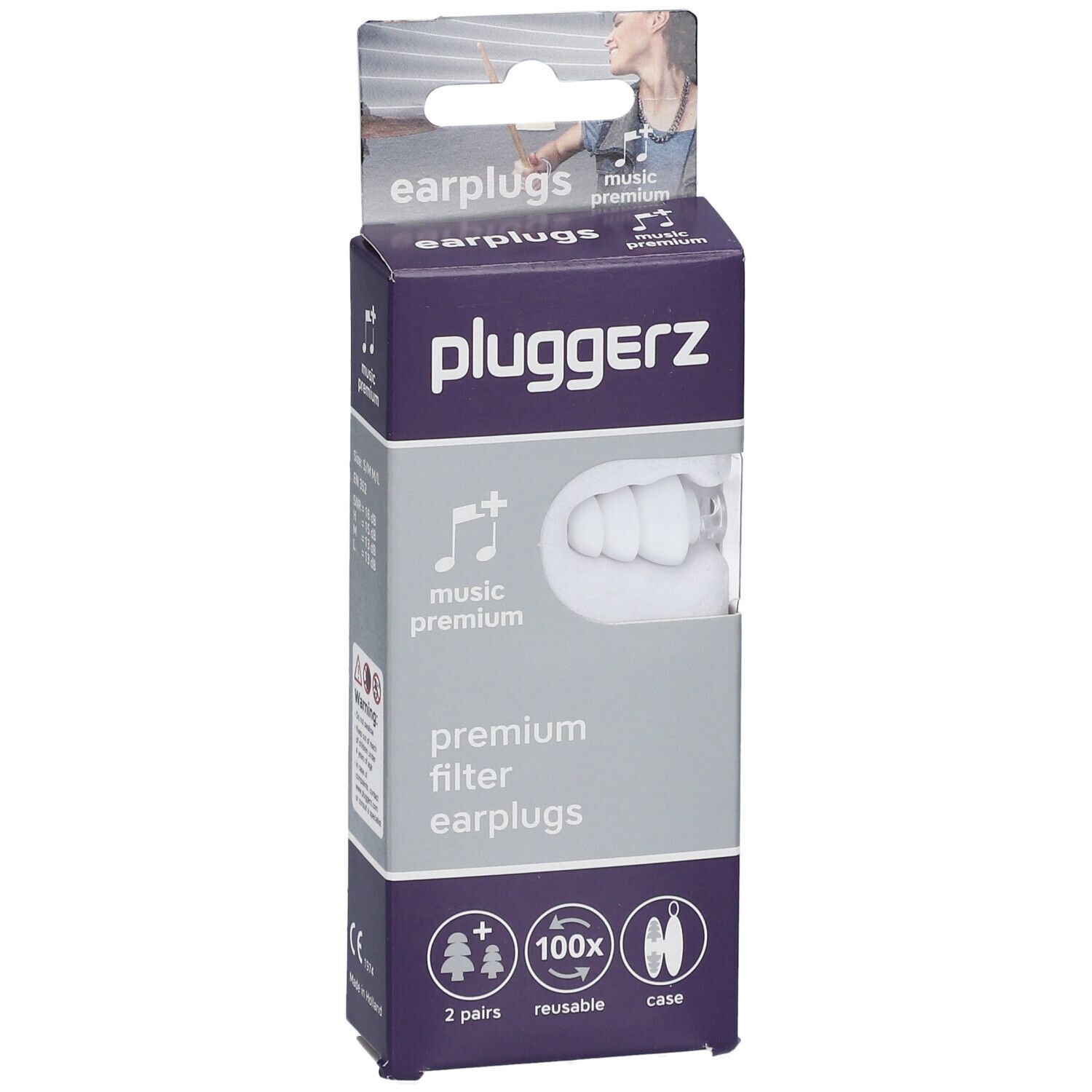 Emballage Pluggerz Uni-Fit Music Premium. Boîte violette et blanche avec bouchons d'oreille. Contient 2 paires, réutilisables et un étui.