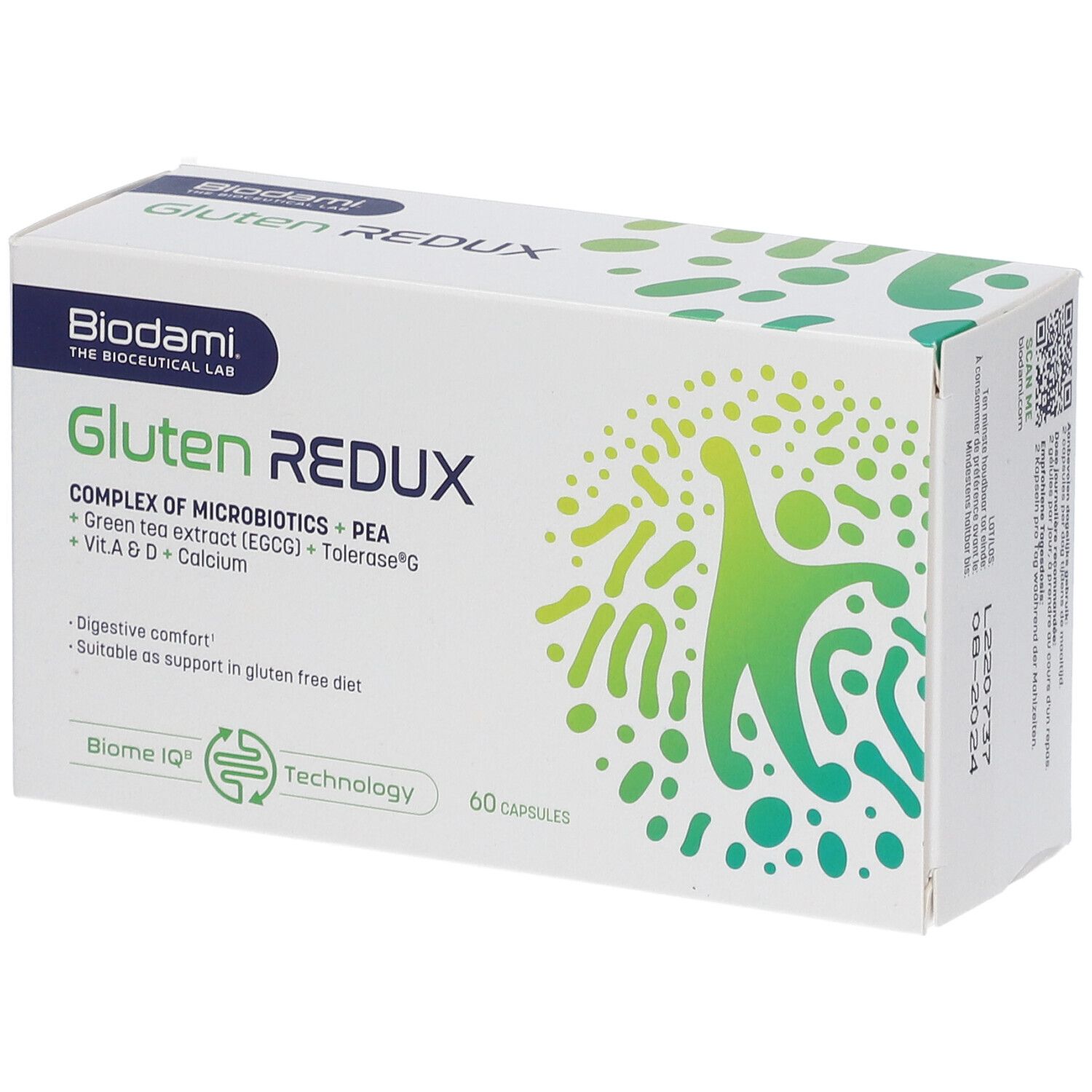 Boîte blanche "Biodami Gluten Redux" avec 60 gélules. Inscription : "Complex of Microbics + PEA".