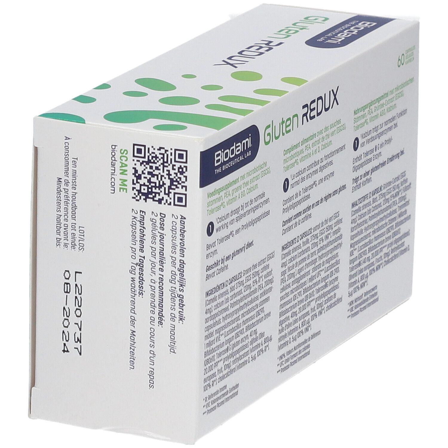 Côté de la boîte blanche "Biodami Gluten Redux". Code QR et texte. Contient 60 gélules.
