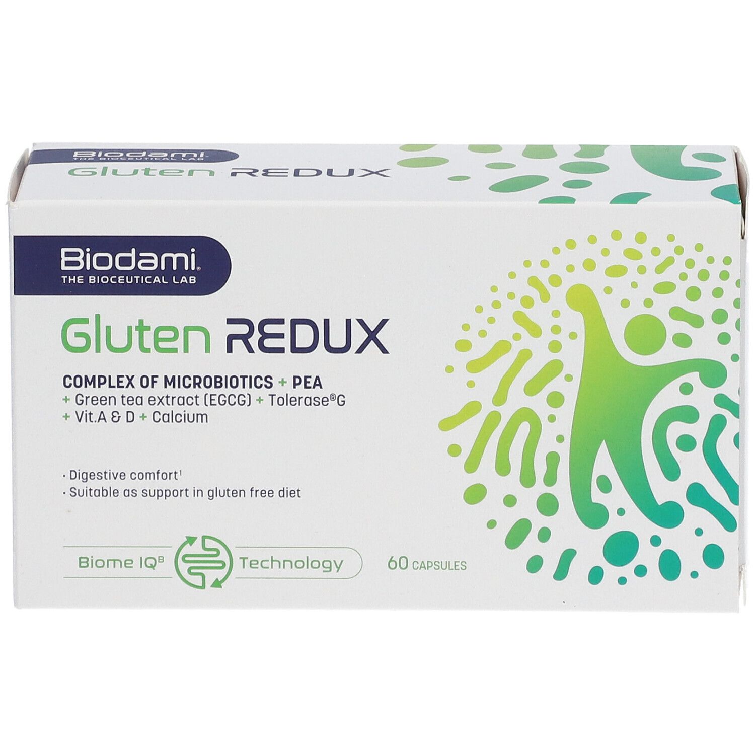 Boîte blanche "Biodami Gluten Redux" avec 60 gélules. Inscription : "Complex of Microbics + PEA".
