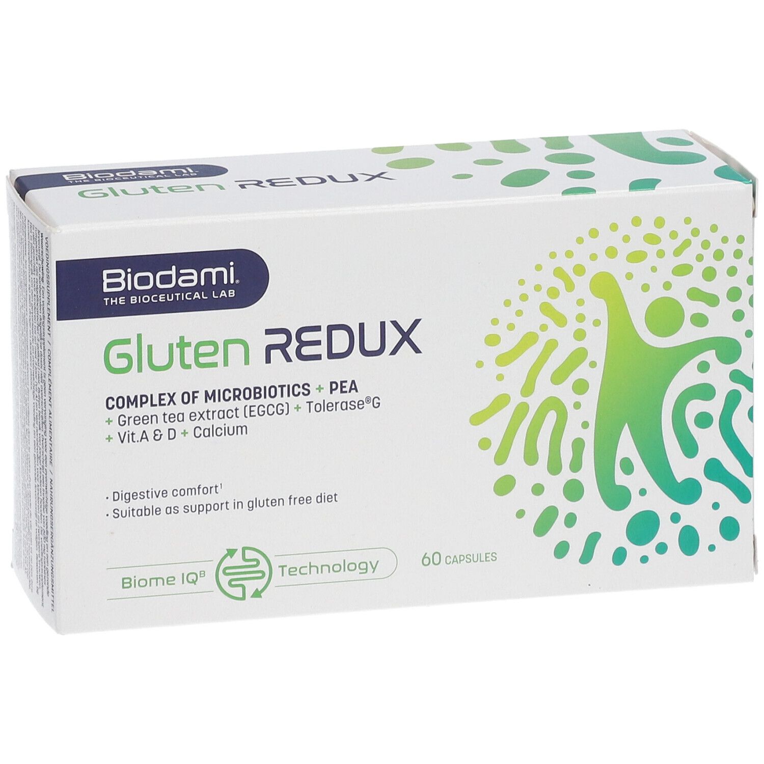 Boîte blanche "Biodami Gluten Redux" avec 60 gélules. Inscription : "Complex of Microbics + PEA".