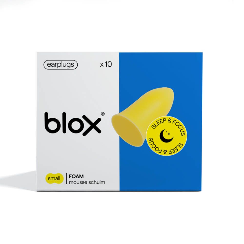Boîte de bouchons d'oreille jaunes. Marque blox, inscription 'Sleep & Focus'.