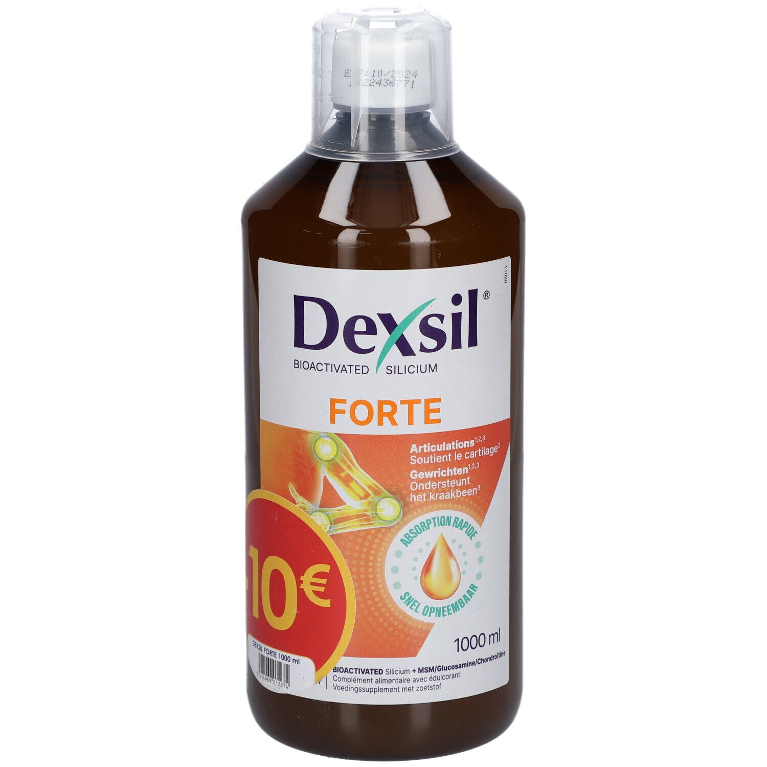 Flacon Dexsil Forte brun. Inscription: Bioactivated Silicium, Forte. Autocollant de réduction: -10€.