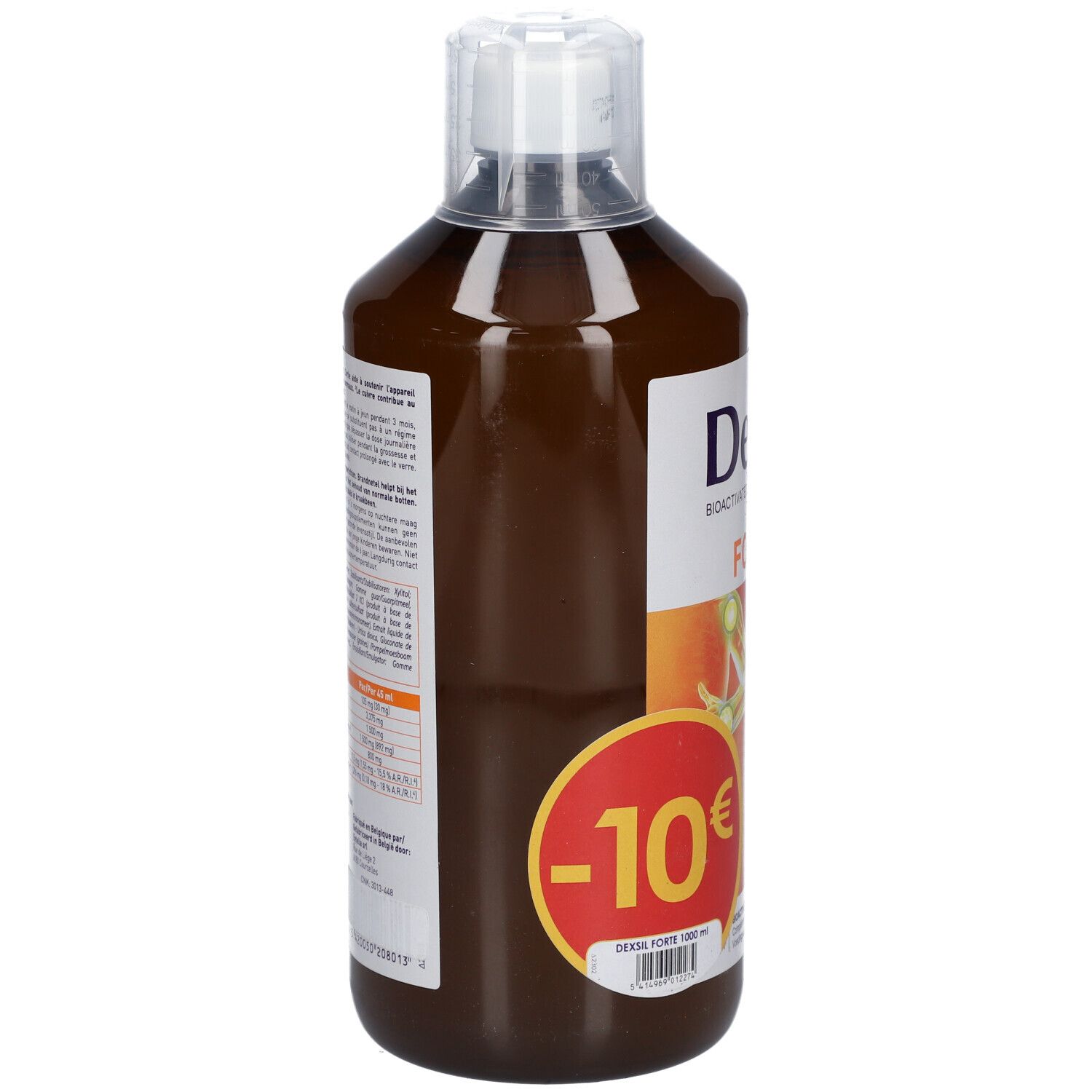 Flacon Dexsil Forte brun. Inscription: Bioactivated Silicium, Forte. Autocollant de réduction: -10€.