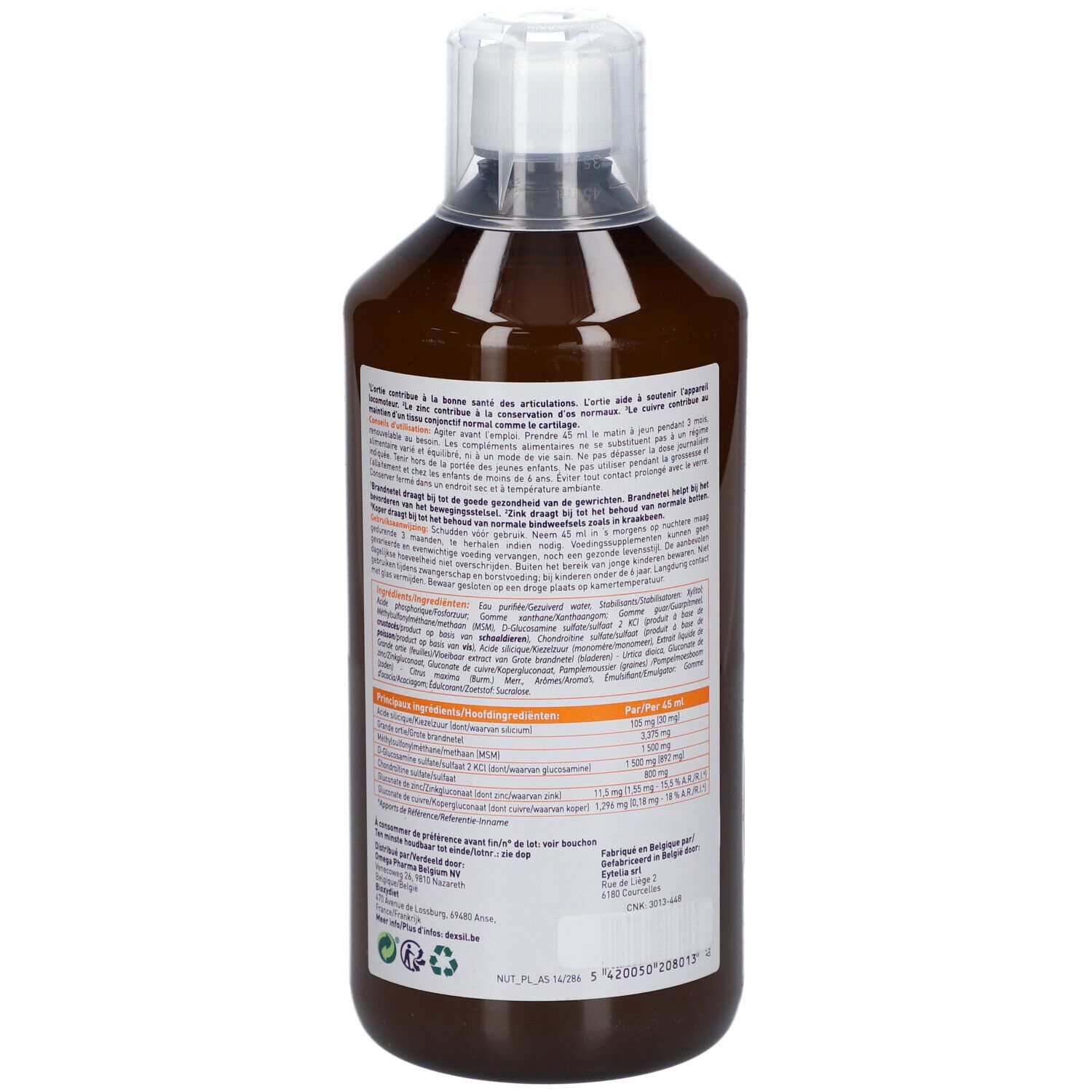 Dos du flacon Dexsil Forte. Informations textuelles et valeurs nutritionnelles. Liquide brun visible.