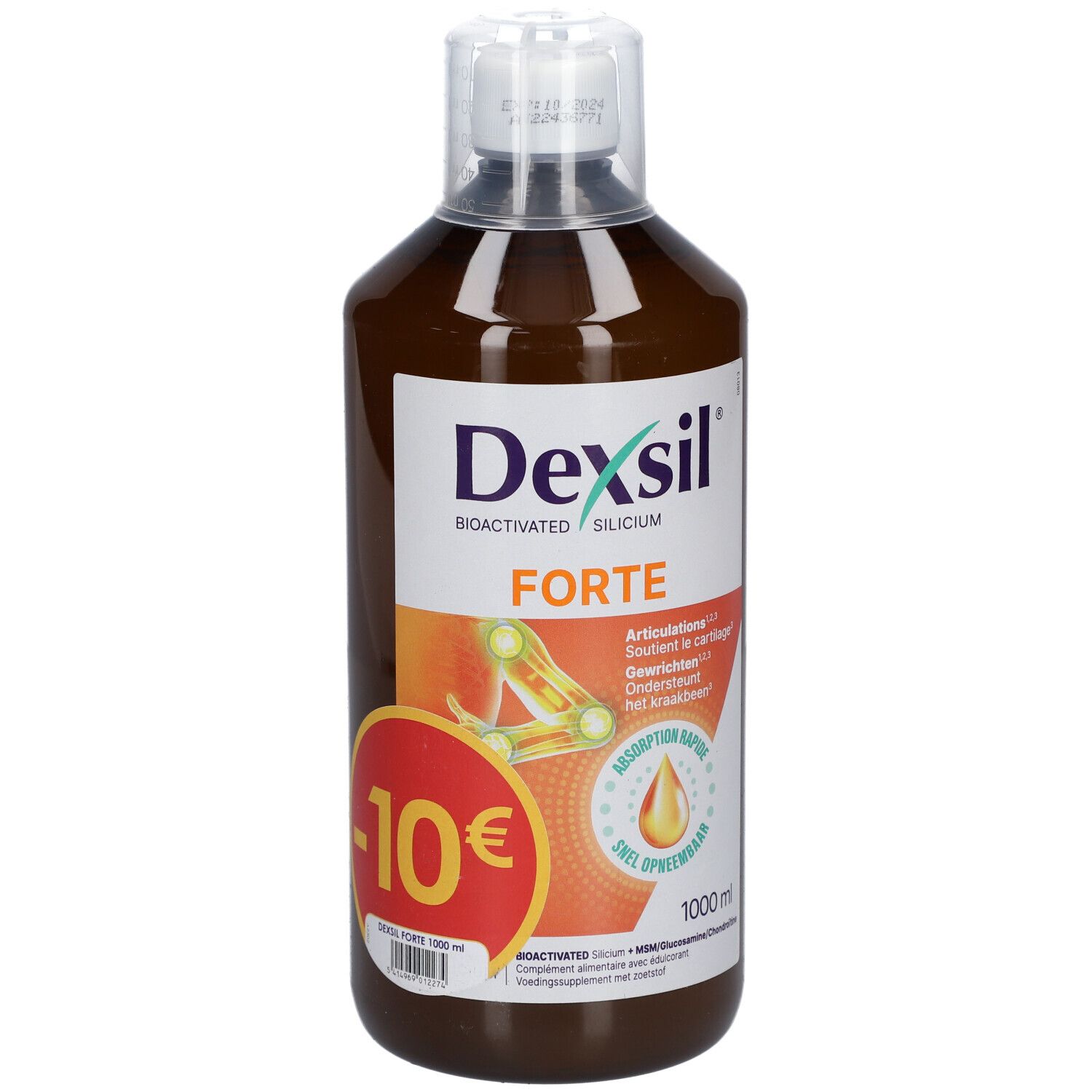 Flacon Dexsil Forte brun. Inscription: Bioactivated Silicium, Forte. Autocollant de réduction: -10€.