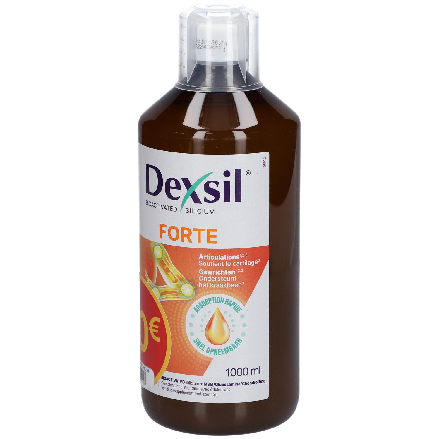 Flacon Dexsil Forte brun. Inscription: Bioactivated Silicium, Forte. Autocollant de réduction: -10€.