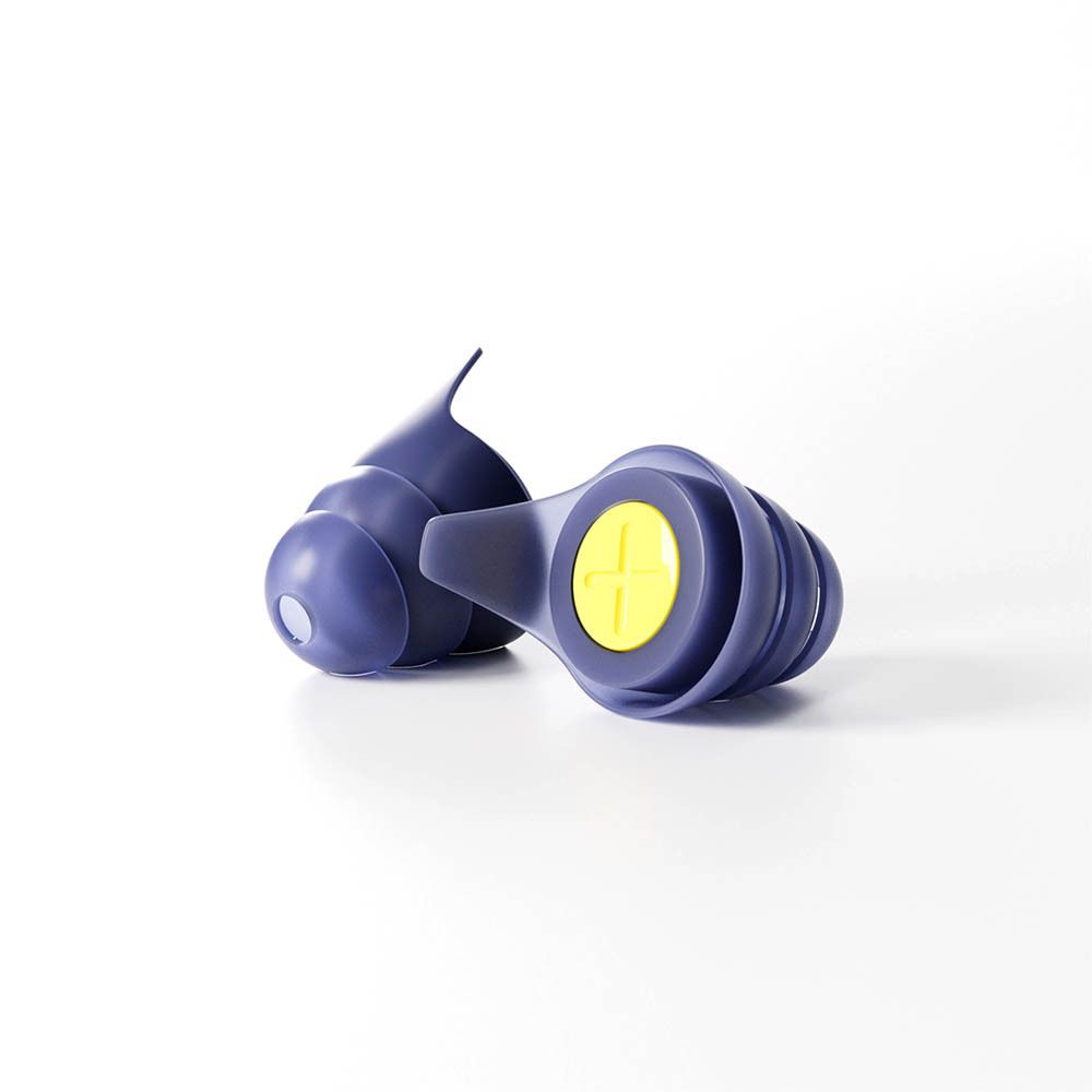 Deux bouchons d'oreille Blox violets avec filtre jaune. Sur fond blanc.