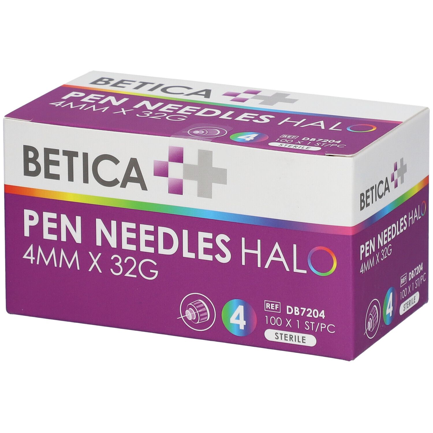 Boîte de Betica Pen Needles Halo. Inscription : 4 mm x 32 G. Boîte violette et blanche avec informations produit.
