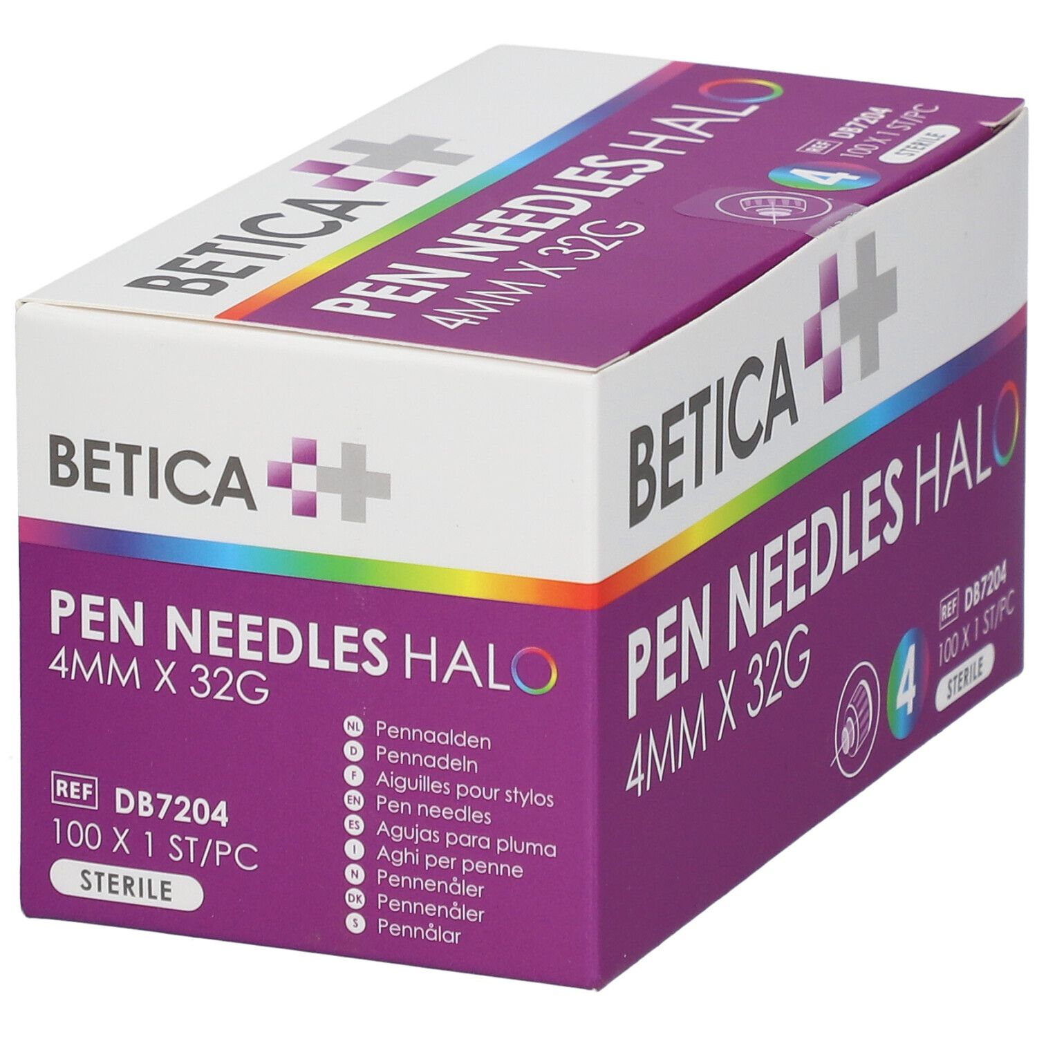 Boîte de Betica Pen Needles Halo. Inscription : 4 mm x 32 G. Informations sur le produit sur la boîte. Vue en angle.