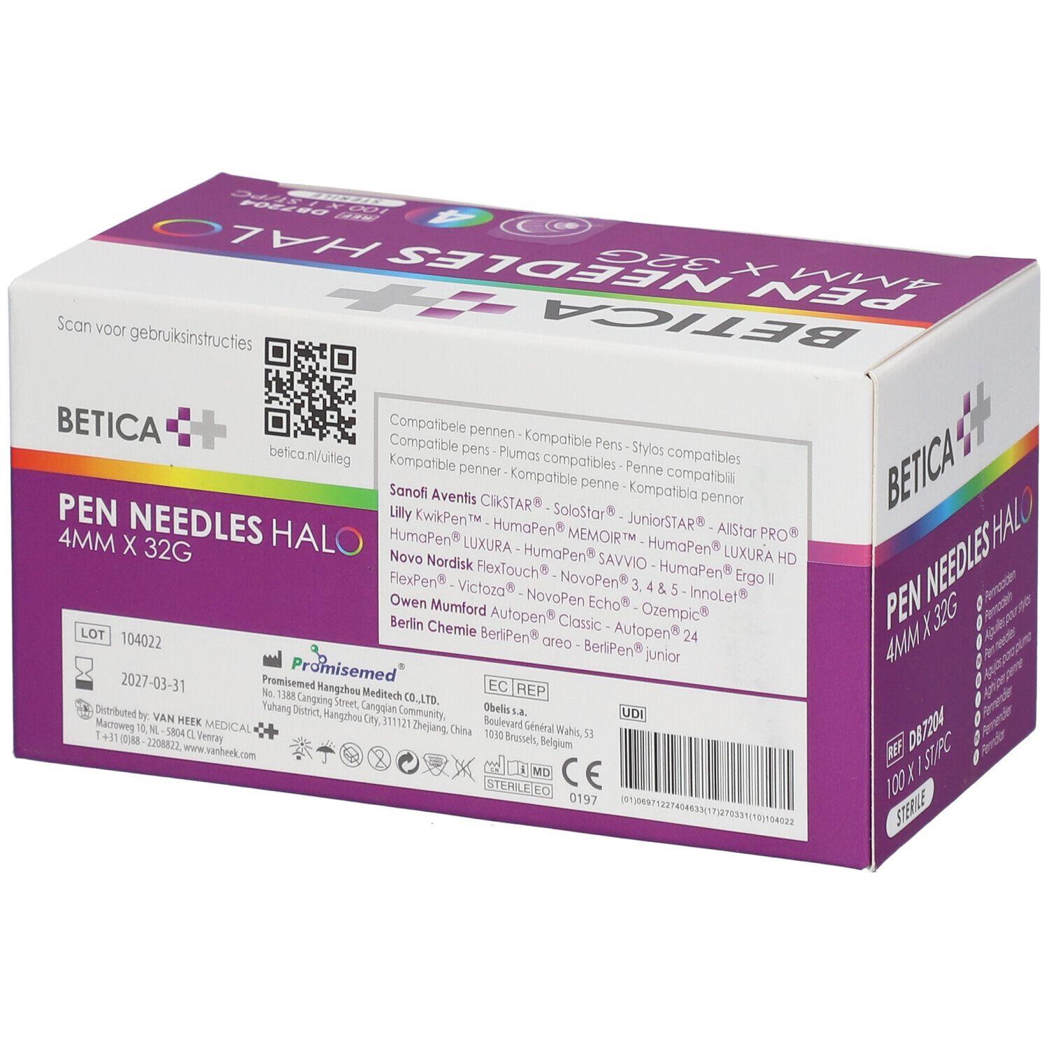 Dos de la boîte Betica Pen Needles Halo. Informations produit, code QR et coordonnées du fabricant.