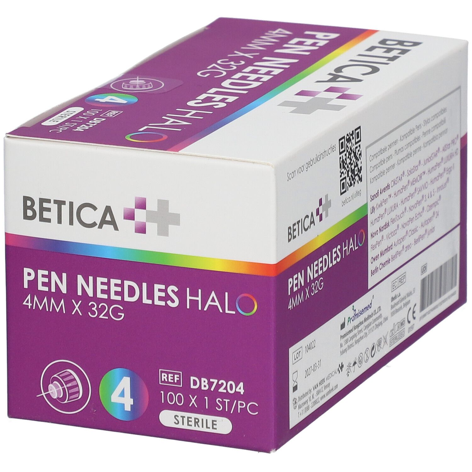 Boîte de Betica Pen Needles Halo. Inscription : 4 mm x 32 G. Informations sur le produit sur la boîte. Vue en angle.