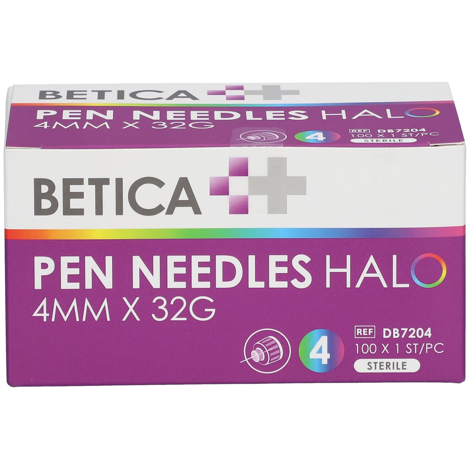 Boîte de Betica Pen Needles Halo. Inscription : 4 mm x 32 G. Boîte violette et blanche avec informations produit.