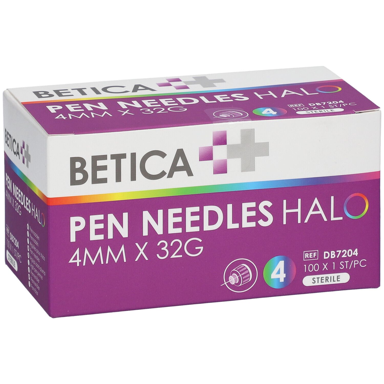 Boîte de Betica Pen Needles Halo. Inscription : 4 mm x 32 G. Boîte violette et blanche avec informations produit.