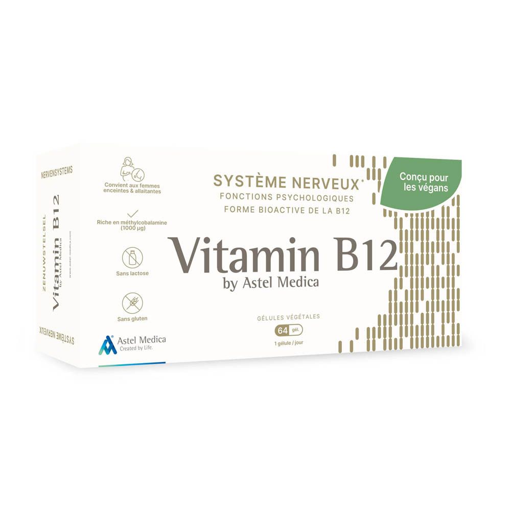 Boîte de Vitamine B12, Astel Medica, 64 gélules végétales, étiquetage français.