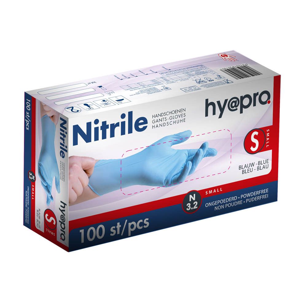 Boîte de gants en nitrile bleus, taille S, 100 pièces. Marque hy@pro. Inscription : Nitrile, gants, sans poudre.