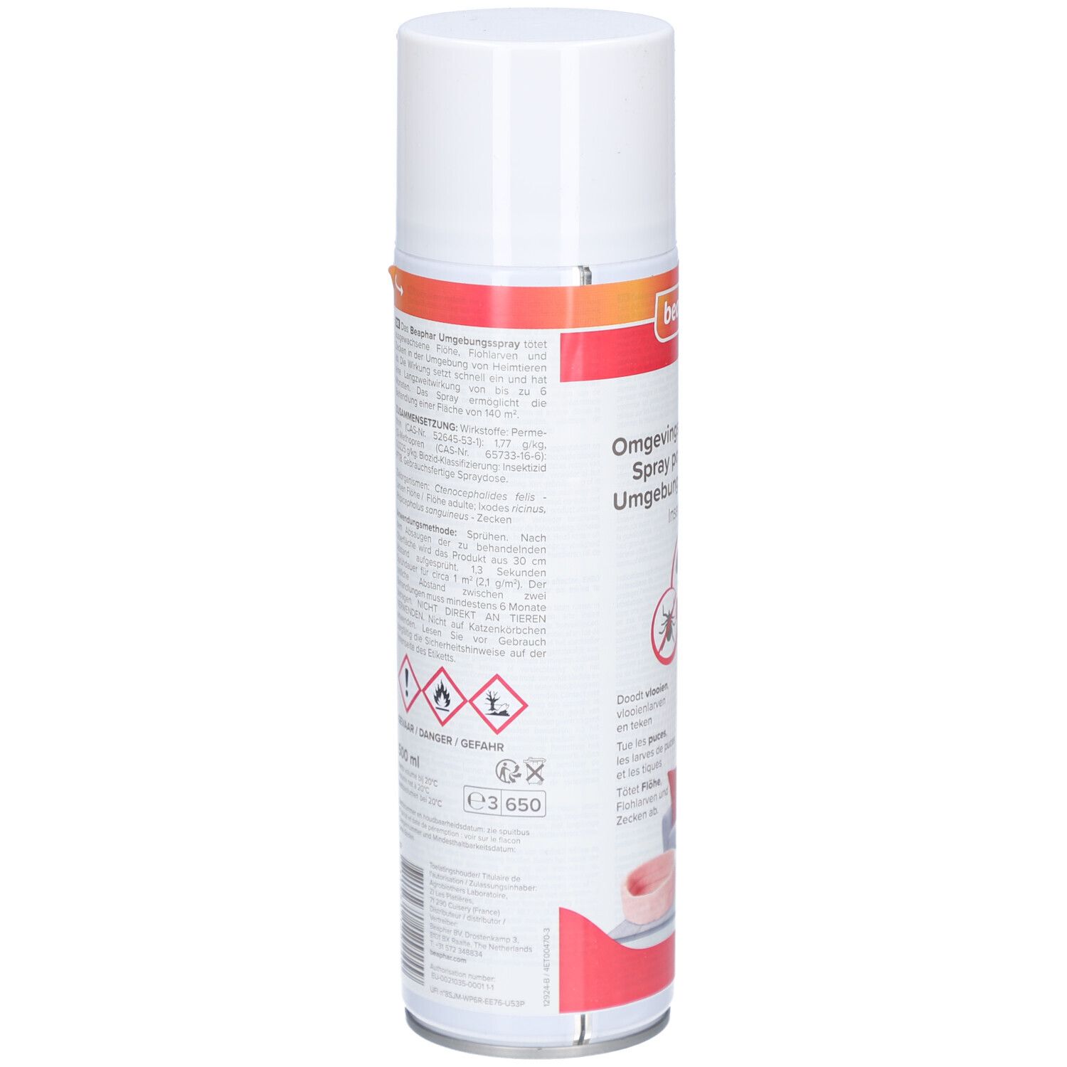 Dos de la bombe de spray blanche. Texte et pictogrammes. Consignes de sécurité et informations sur la composition. Logo et texte: Beaphar.