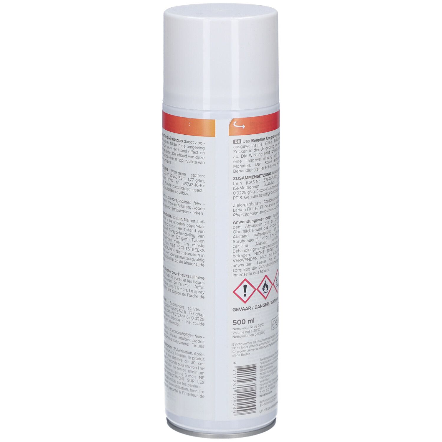 Dos de la bombe de spray blanche. Texte et pictogrammes. Consignes de sécurité et informations sur la composition. Logo et texte: Beaphar.