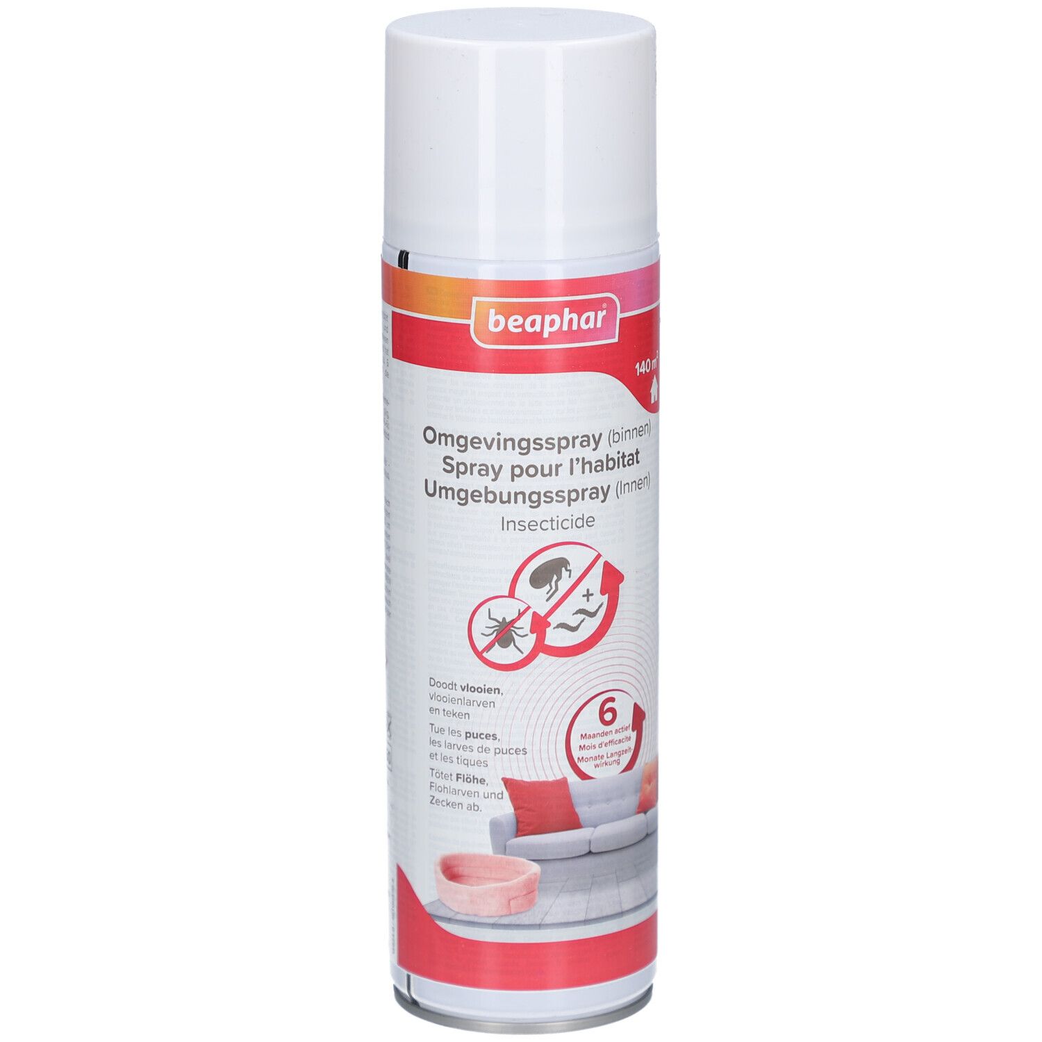 Bombe de spray blanche avec étiquette rouge et blanche. Logo Beaphar en haut. Texte: Omgevingsspray (binnen), Spray pour l'habitat, Umgebungsspray (innen), Insecticide.