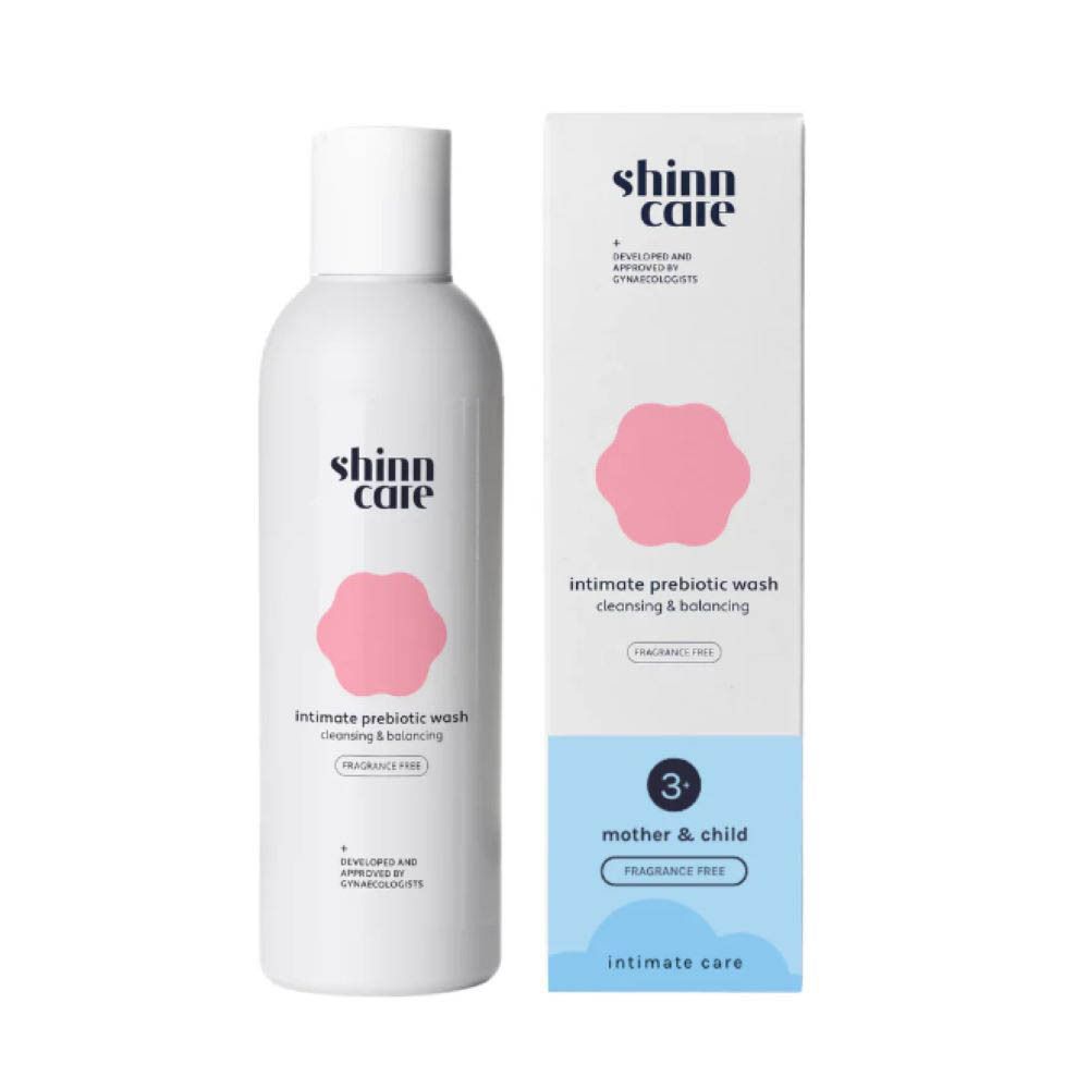 Flacon et emballage du produit. Inscription : shinn care, Intimate prebiotic wash, Cleansing & balancing, Sans parfum. Pour mère et enfant.