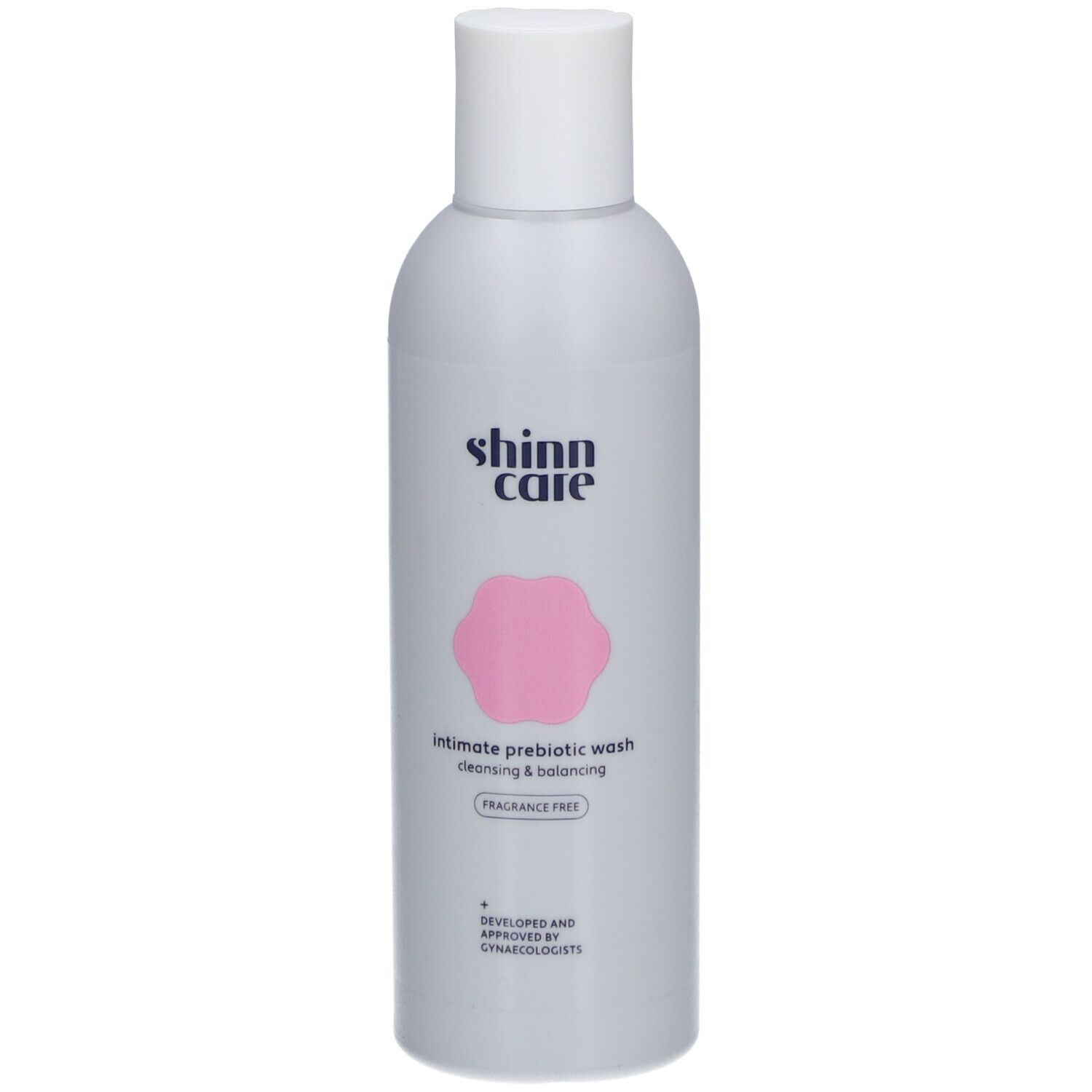 Flacon gris avec bouchon blanc. Inscription : shinn care, Intimate prebiotic wash, Cleansing & balancing, Sans parfum.