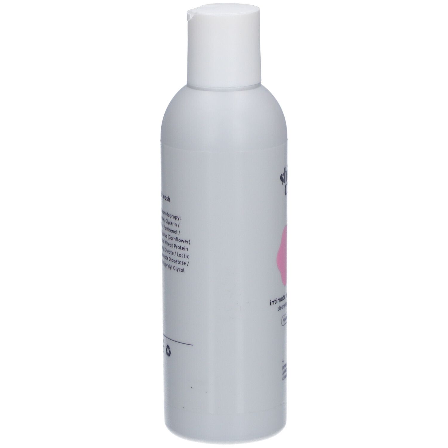 Flacon gris avec bouchon blanc. Inscription : shinn care, Intimate prebiotic wash, Cleansing & balancing, Sans parfum. Ingrédients au dos.