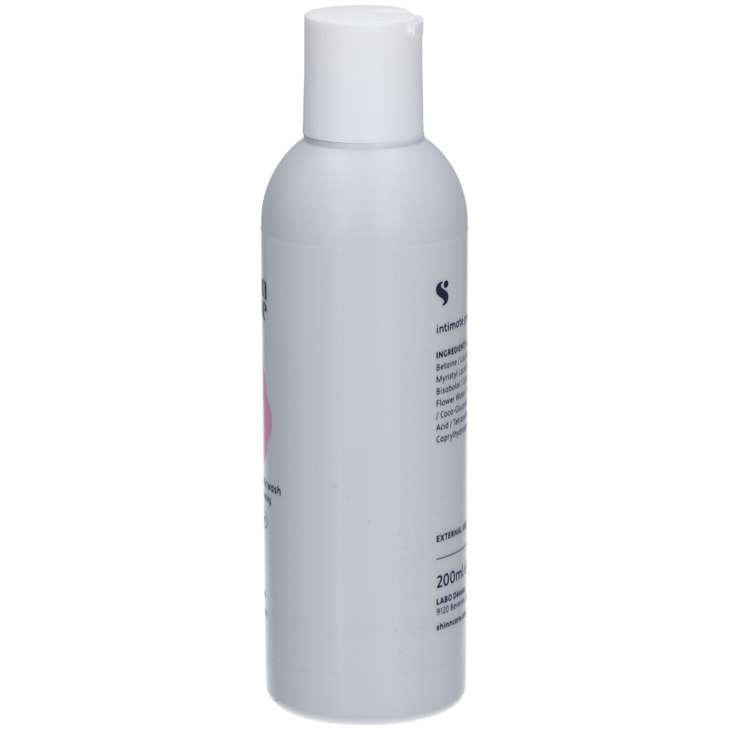 Flacon gris avec bouchon blanc. Inscription : shinn care, Intimate prebiotic wash, Cleansing & balancing, Sans parfum. Ingrédients au dos.