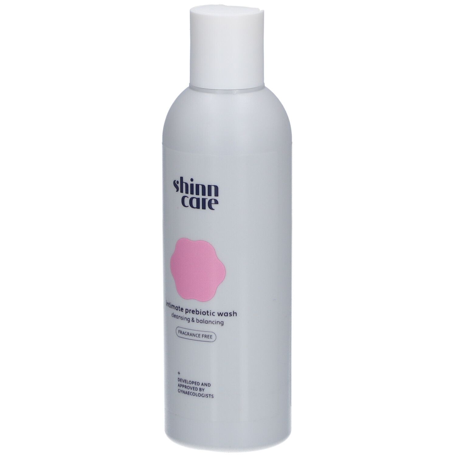 Flacon gris avec bouchon blanc. Inscription : shinn care, Intimate prebiotic wash, Cleansing & balancing, Sans parfum.