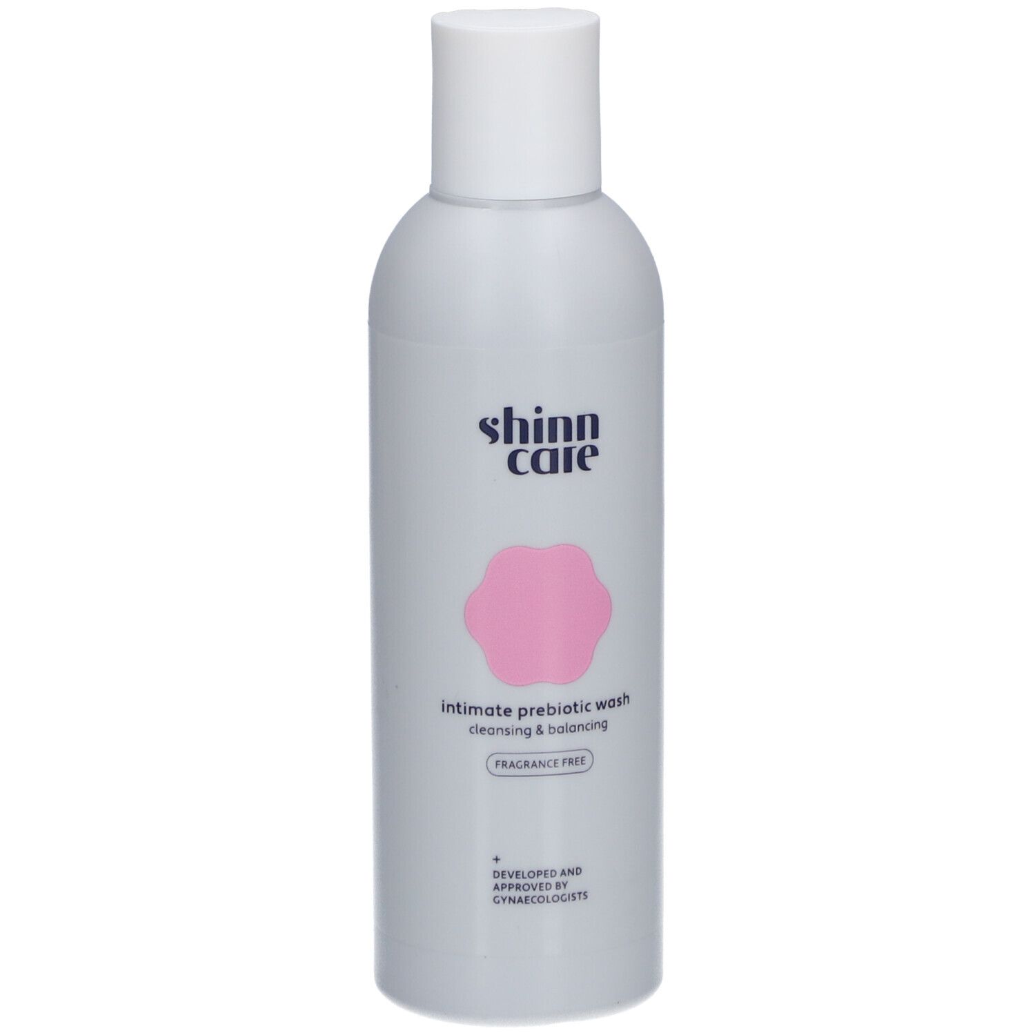 Flacon gris avec bouchon blanc. Inscription : shinn care, Intimate prebiotic wash, Cleansing & balancing, Sans parfum.