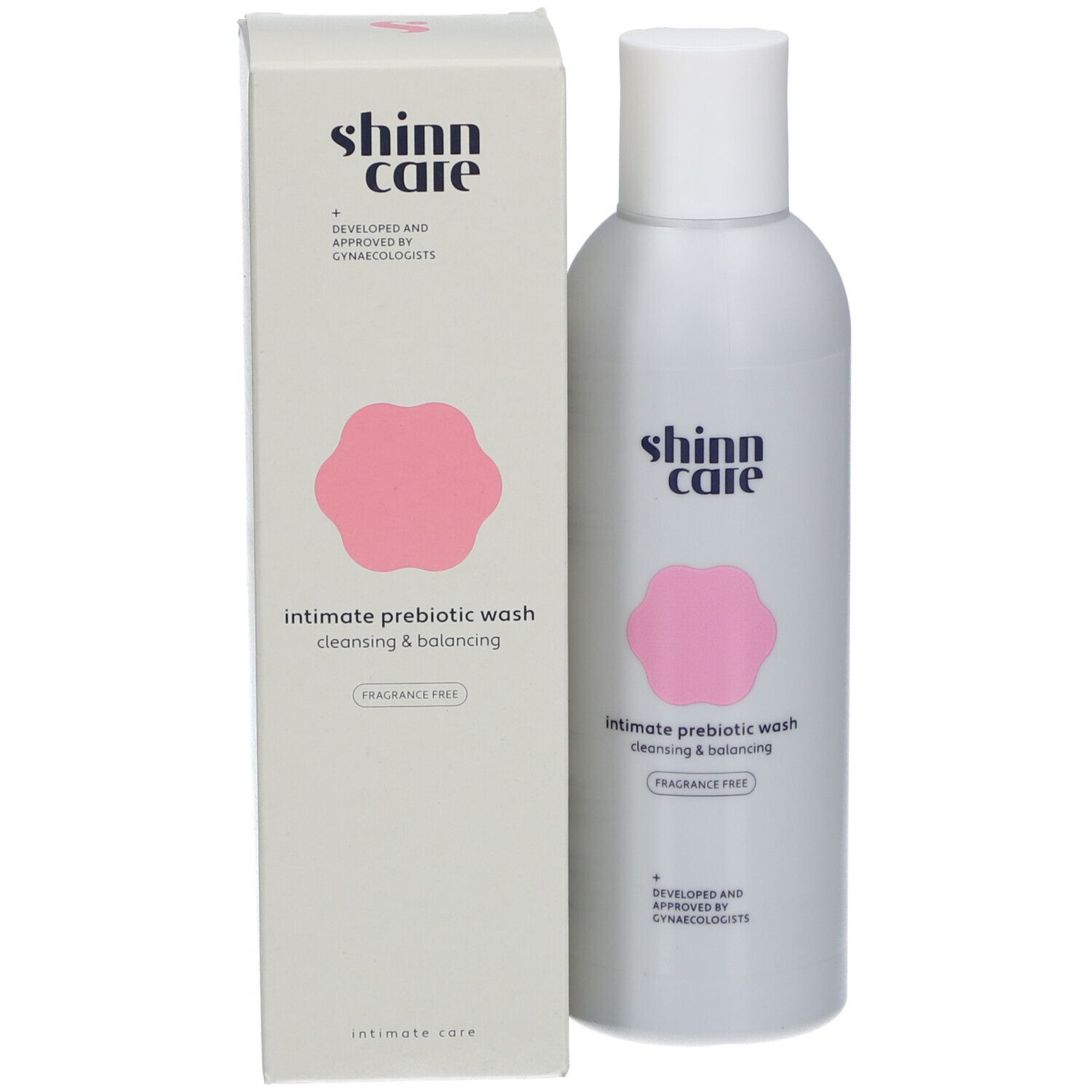 Flacon et emballage du produit. Inscription : shinn care, Intimate prebiotic wash, Cleansing & balancing, Sans parfum.