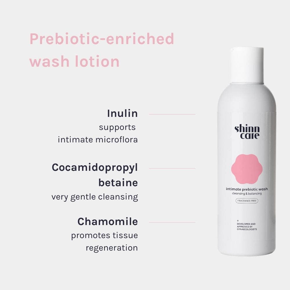 Flacon et ingrédients. Inscription : shinn care, Intimate prebiotic wash, Inuline, Cocamidopropyl bétaïne, Camomille.