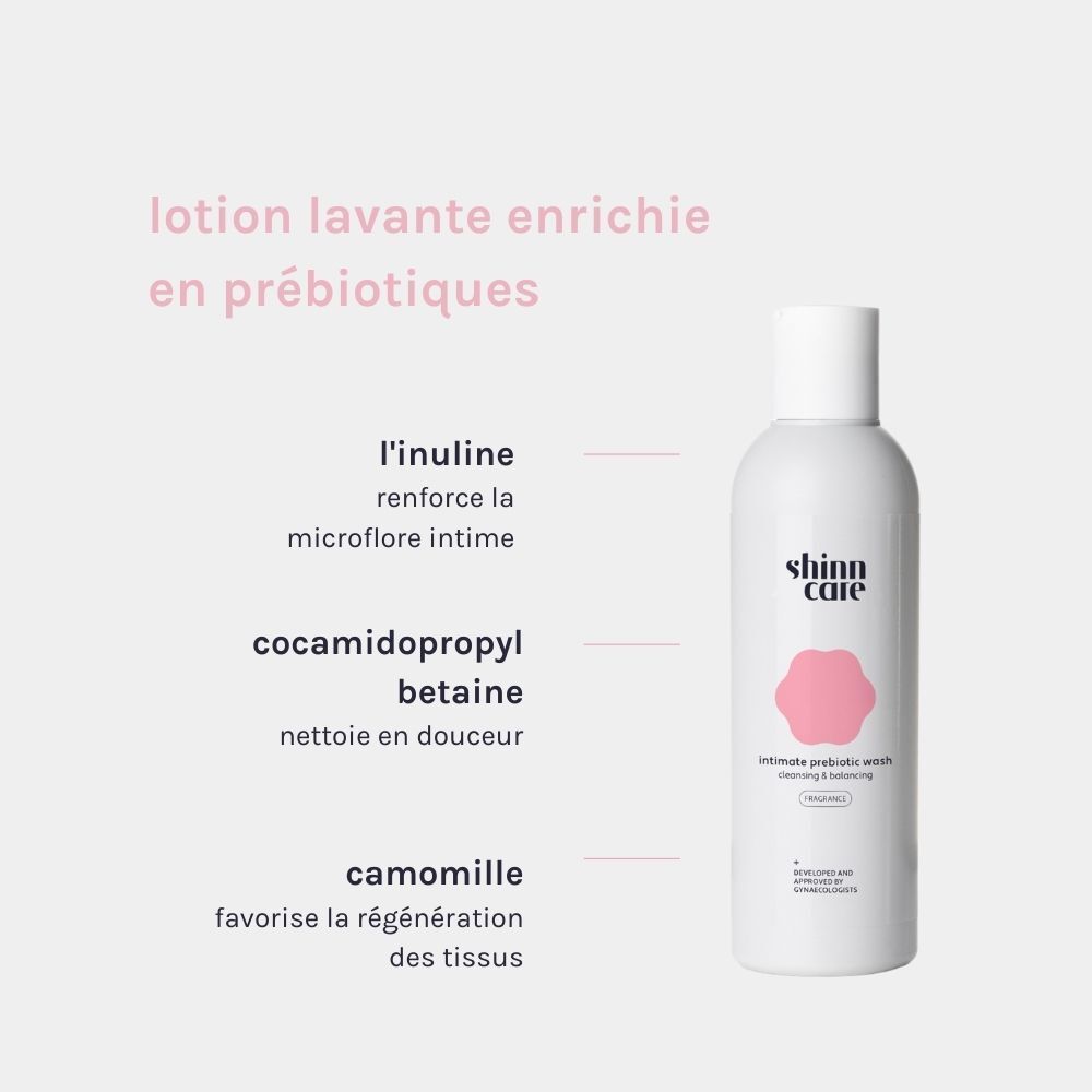 Produit avec ingrédients. Flacon et texte visibles.