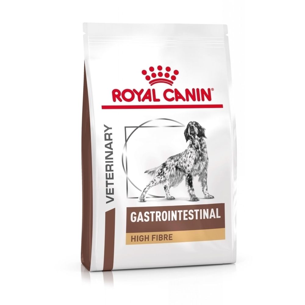 Avant d'un sac de nourriture pour chien Royal Canin Gastrointestinal High Fibre avec image de chien et nom du produit.
