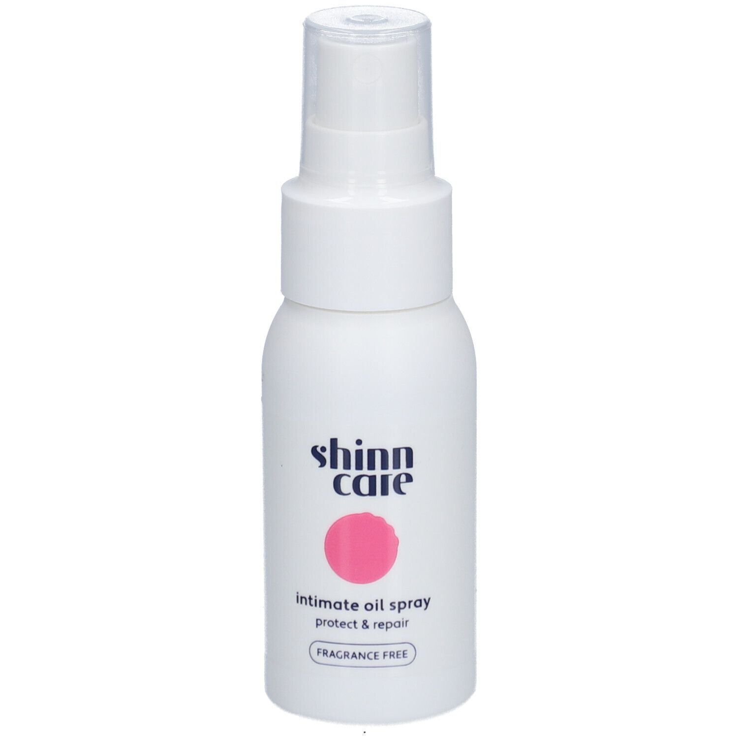 Flacon spray blanc avec cercle rose et texte. Inscription : Shinn Care, Intimate Oil Spray Protect & Repair, Sans parfum.