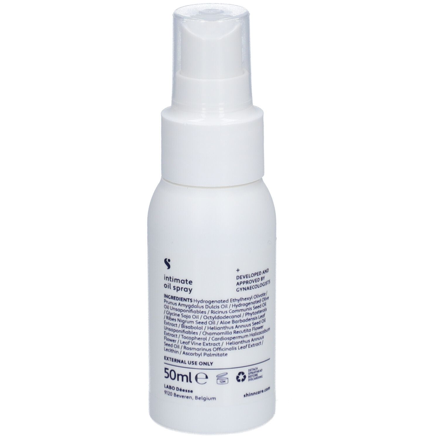 Flacon spray blanc avec texte et ingrédients. Inscription : Shinn Care, Intimate Oil Spray, 50ml, Sans parfum.