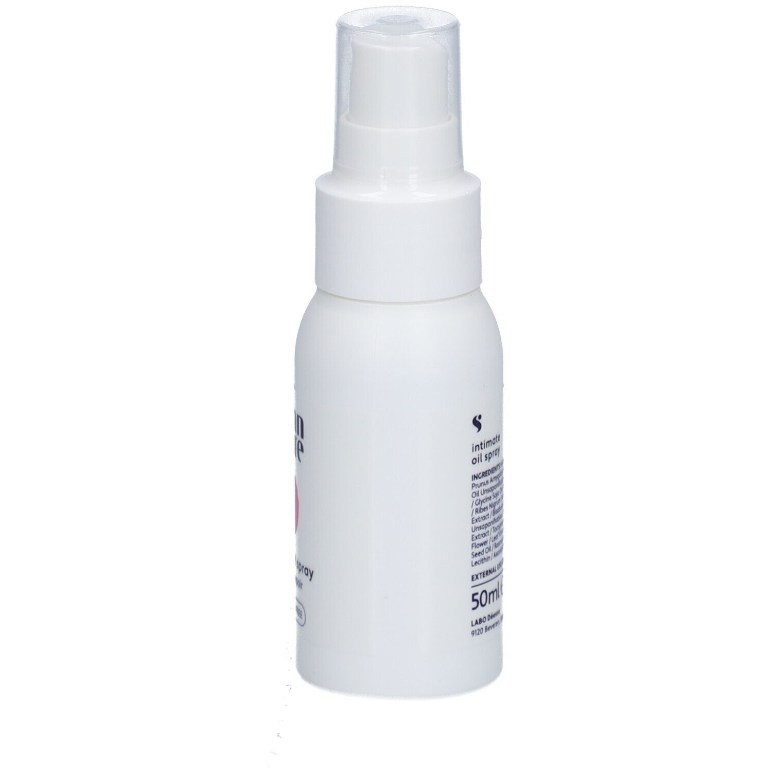Flacon spray blanc avec texte. Inscription : Shinn Care, Intimate Oil Spray Protect & Repair, 50ml, Sans parfum.