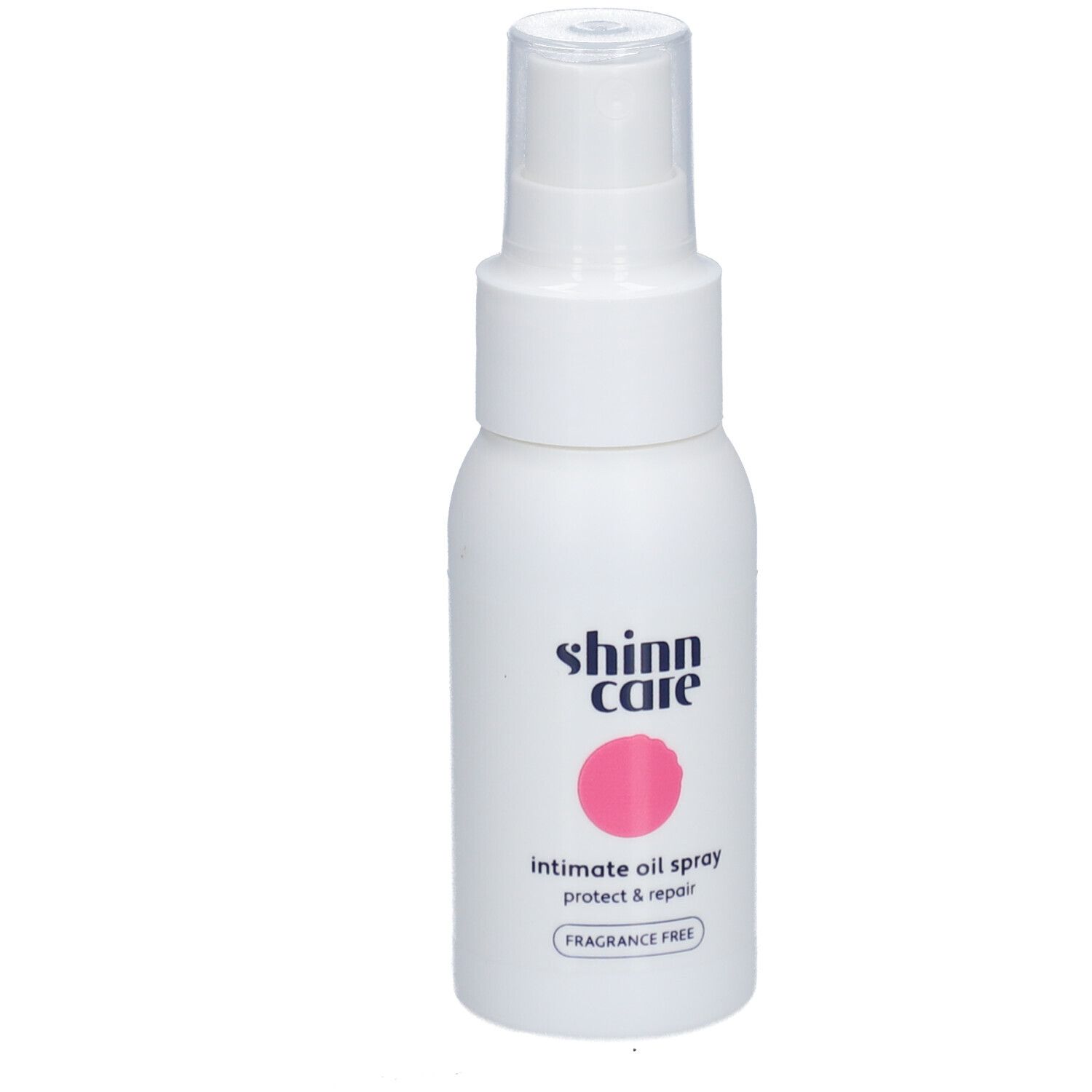 Flacon spray blanc avec cercle rose et texte. Inscription : Shinn Care, Intimate Oil Spray Protect & Repair, Sans parfum.