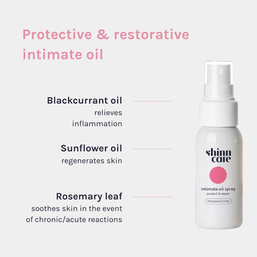 Produit et emballage. Flacon et boîte blancs avec cercle rose. Inscription : Shinn Care, Intimate Oil Spray Protect & Repair.