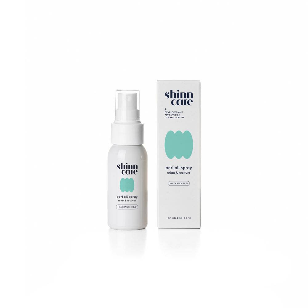 Produit et emballage. Flacon et boîte. Inscription : peri oil spray, relax & recover, fragrance free, shinn care.