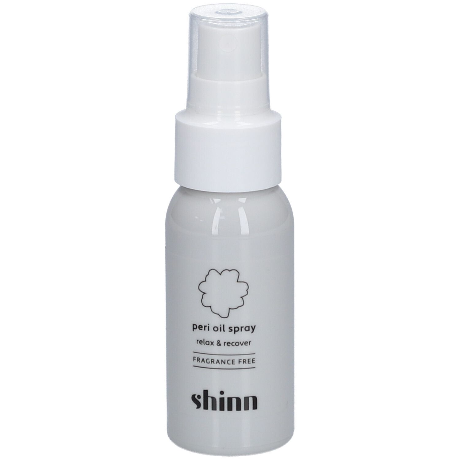 Flacon spray gris avec tête blanche. Inscription : peri oil spray, relax & recover, fragrance free, shinn.
