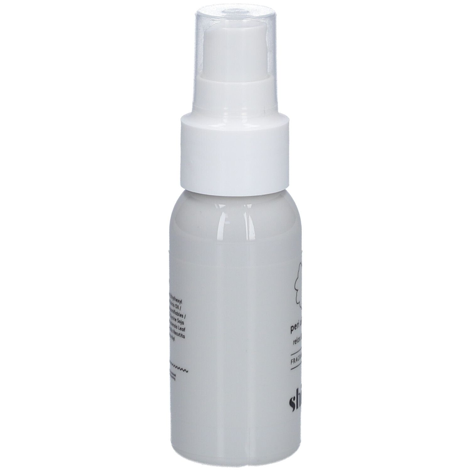 Flacon spray gris avec tête blanche. Inscription : peri oil spray, relax & recover, fragrance free, shinn.