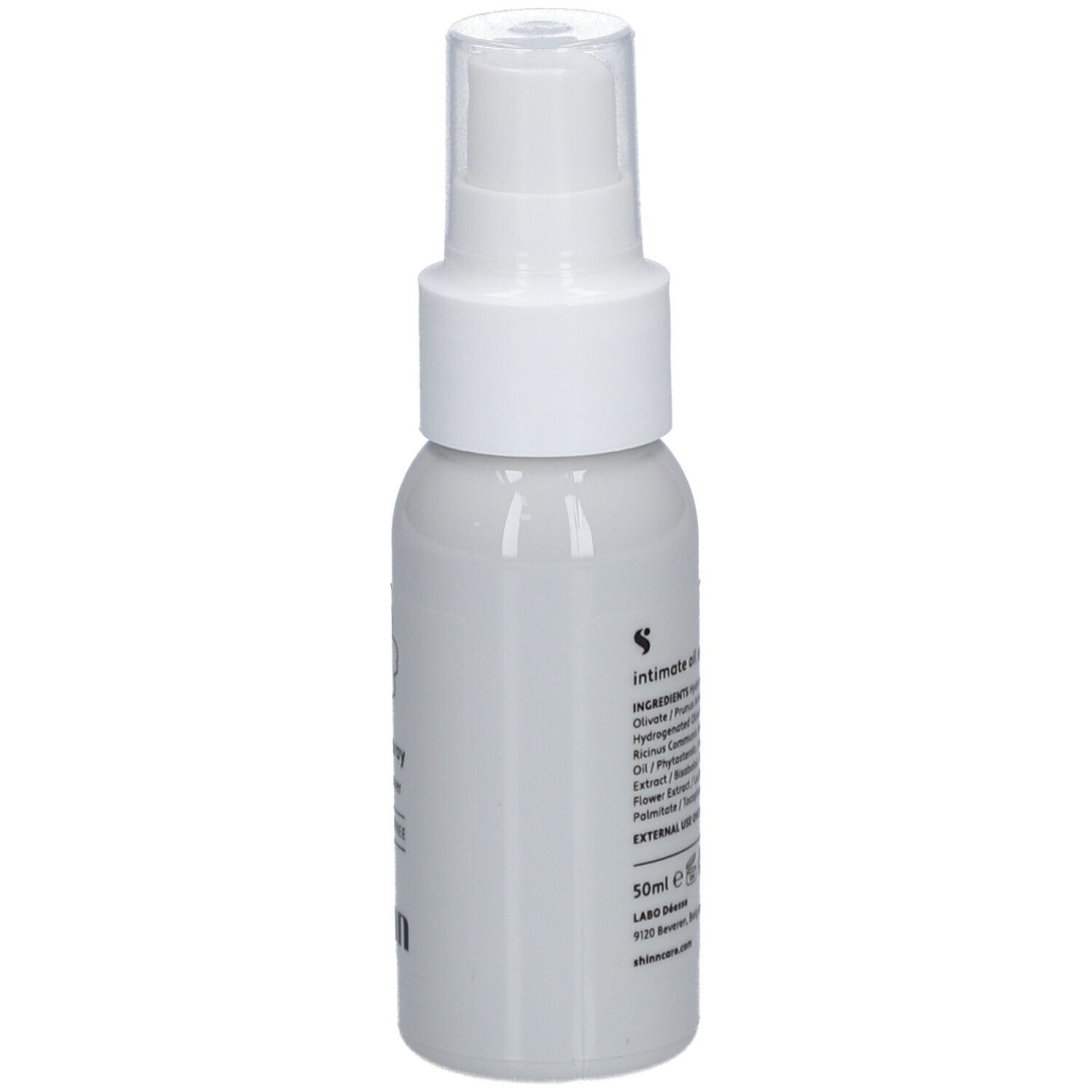 Flacon spray gris avec tête blanche. Inscription : Ingrédients, 50ml, LABO, shinn.