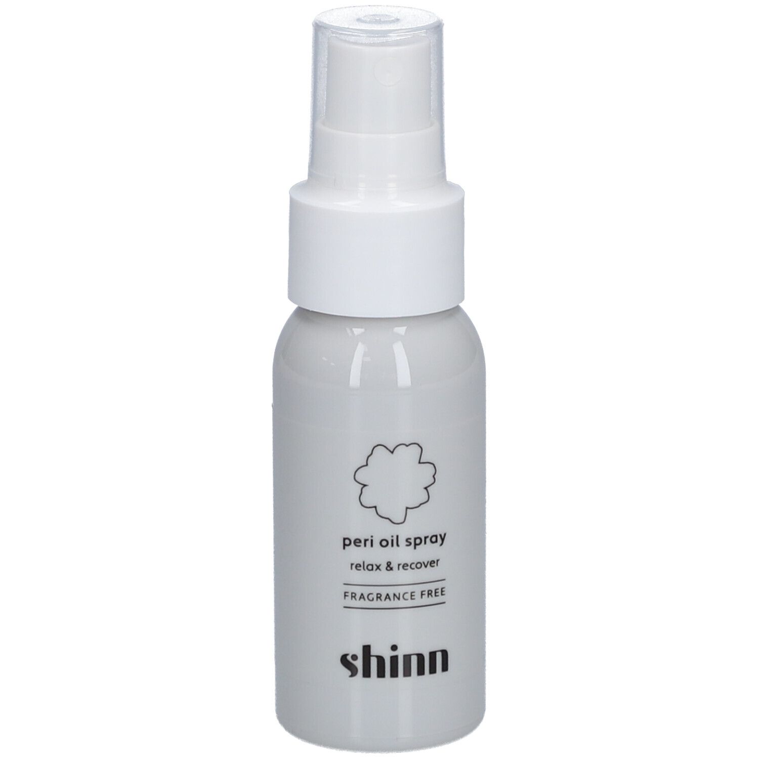 Flacon spray gris avec tête blanche. Inscription : peri oil spray, relax & recover, fragrance free, shinn.