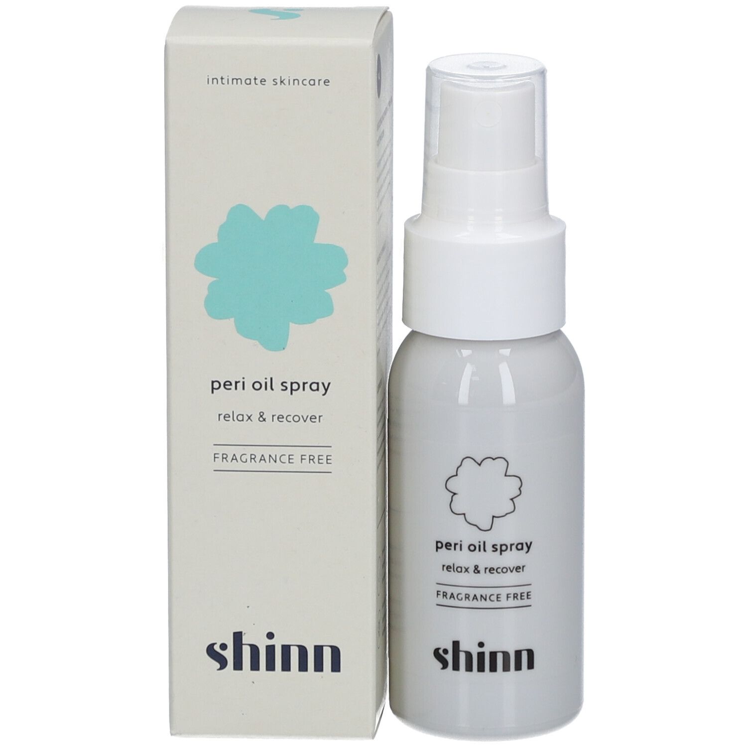 Produit et emballage. Flacon spray gris et boîte allongée. Inscription : peri oil spray, shinn.