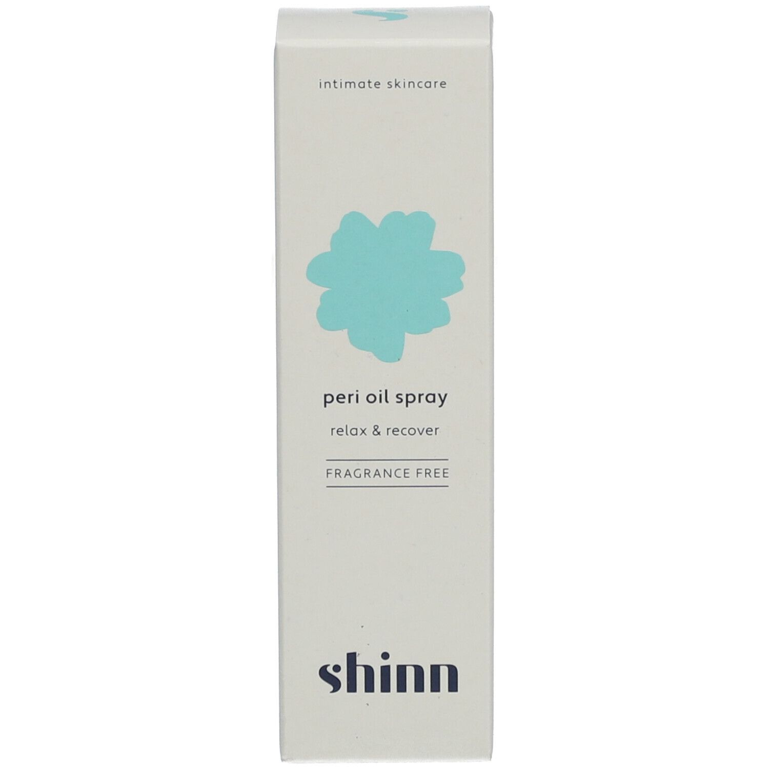 Boîte allongée. Inscription : peri oil spray, relax & recover, fragrance free, shinn.
