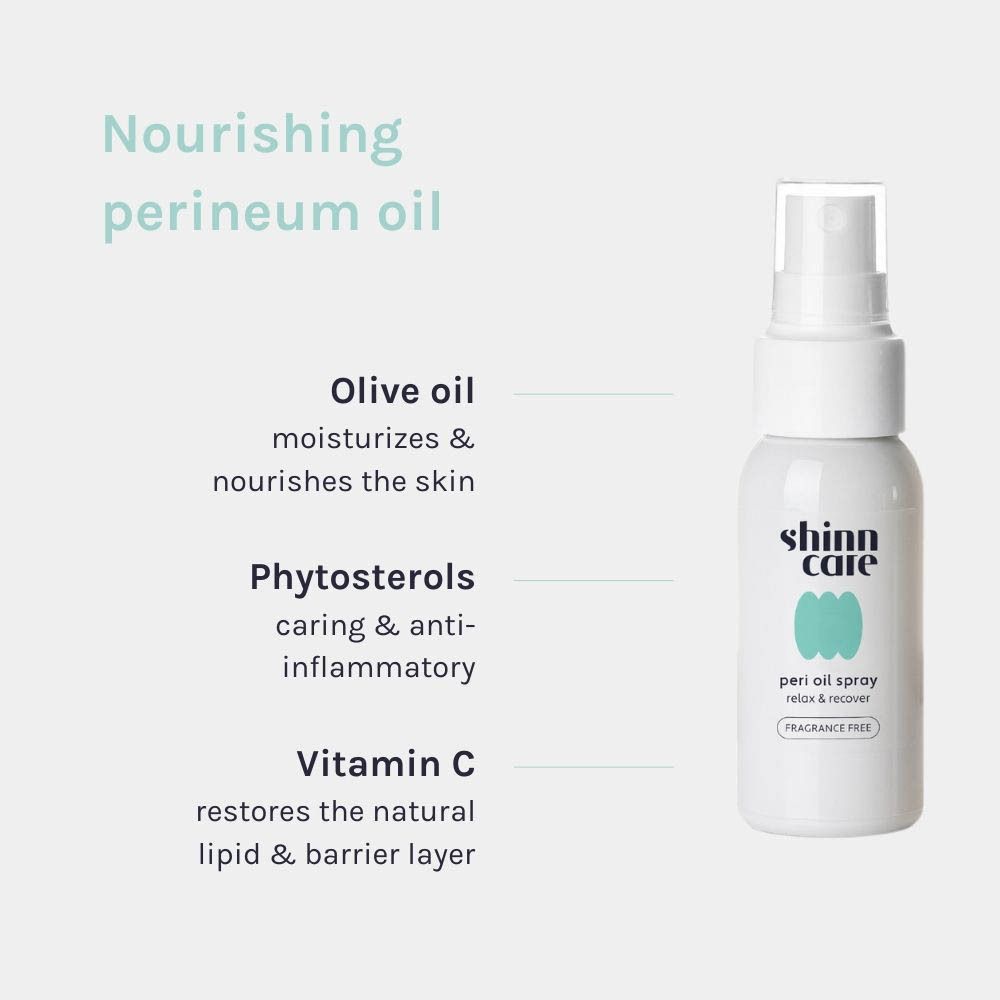 Produit et texte. Flacon spray gris et texte. Texte : Nourishing perineum oil, Olive oil, Phytosterols, Vitamin C.