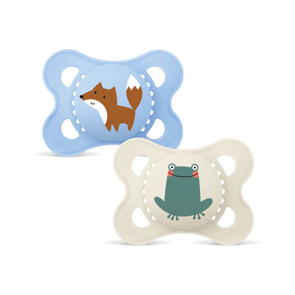 Deux sucettes MAM Original Pure en silicone (0-6 mois) avec motifs renard et grenouille.